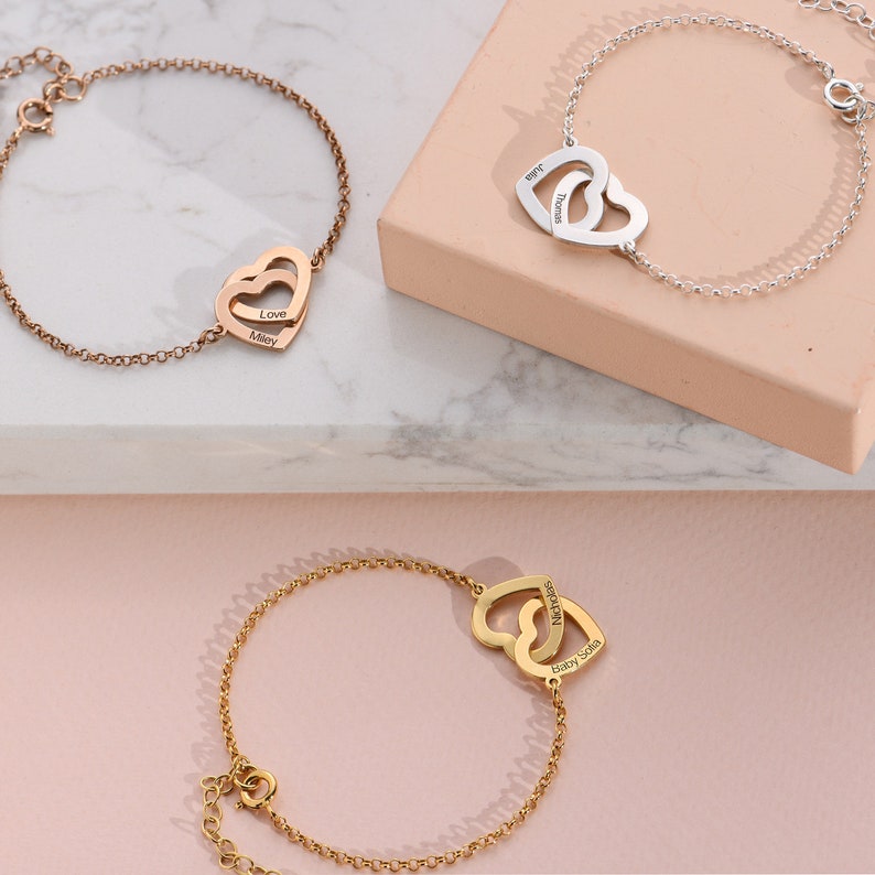 Custom Engraved Interlocking Adjustable Two Hearts Women's Bracelet