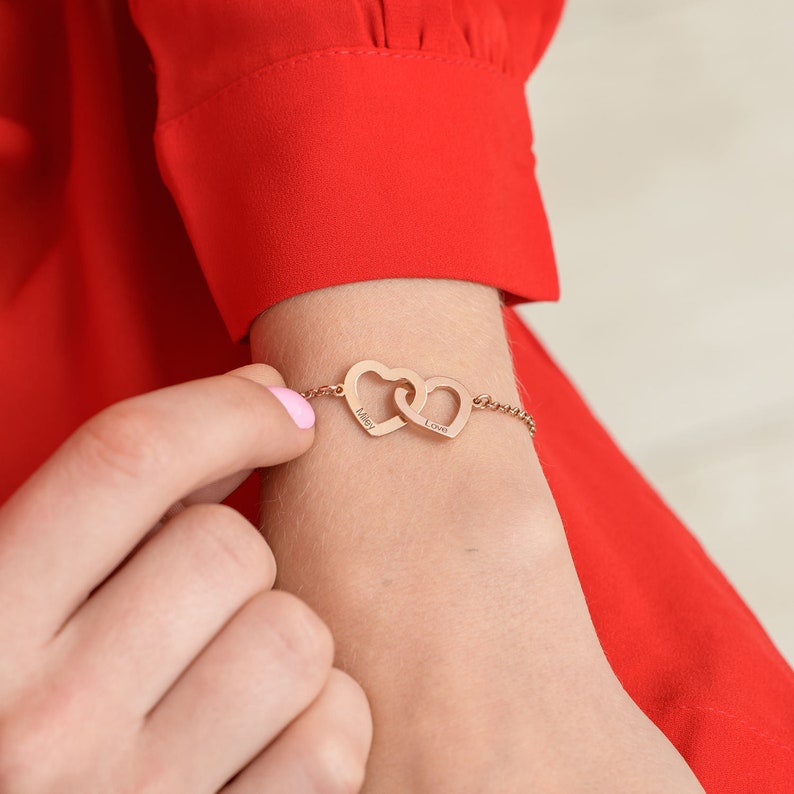 Custom Engraved Interlocking Adjustable Two Hearts Women's Bracelet