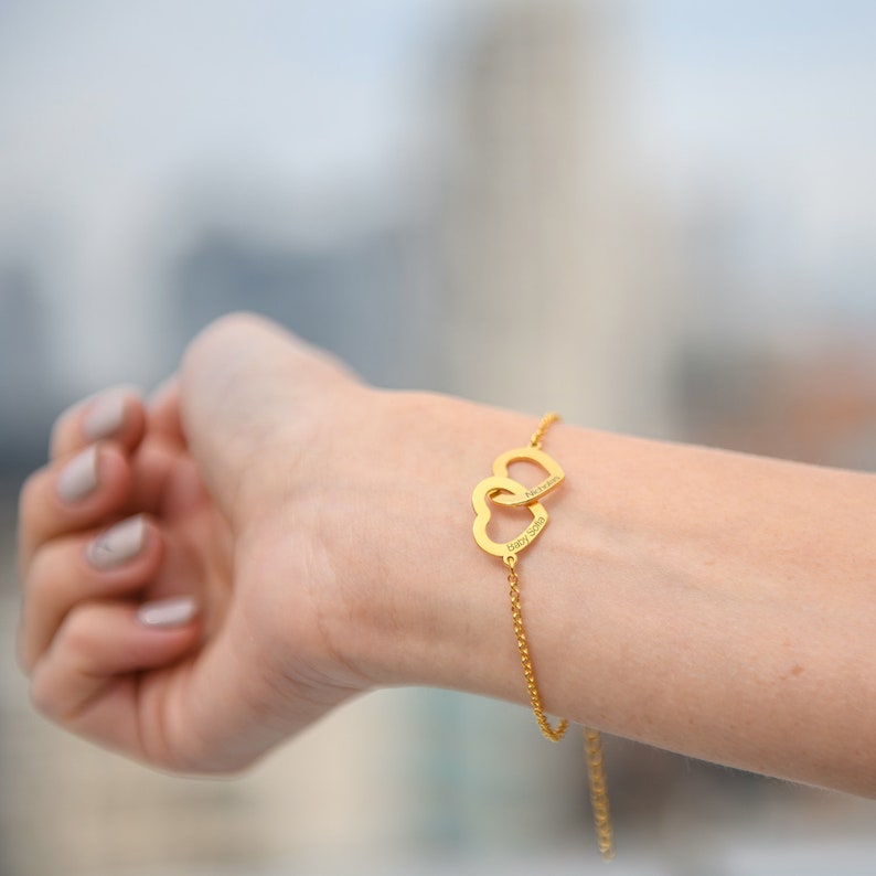 Custom Engraved Interlocking Adjustable Two Hearts Women's Bracelet