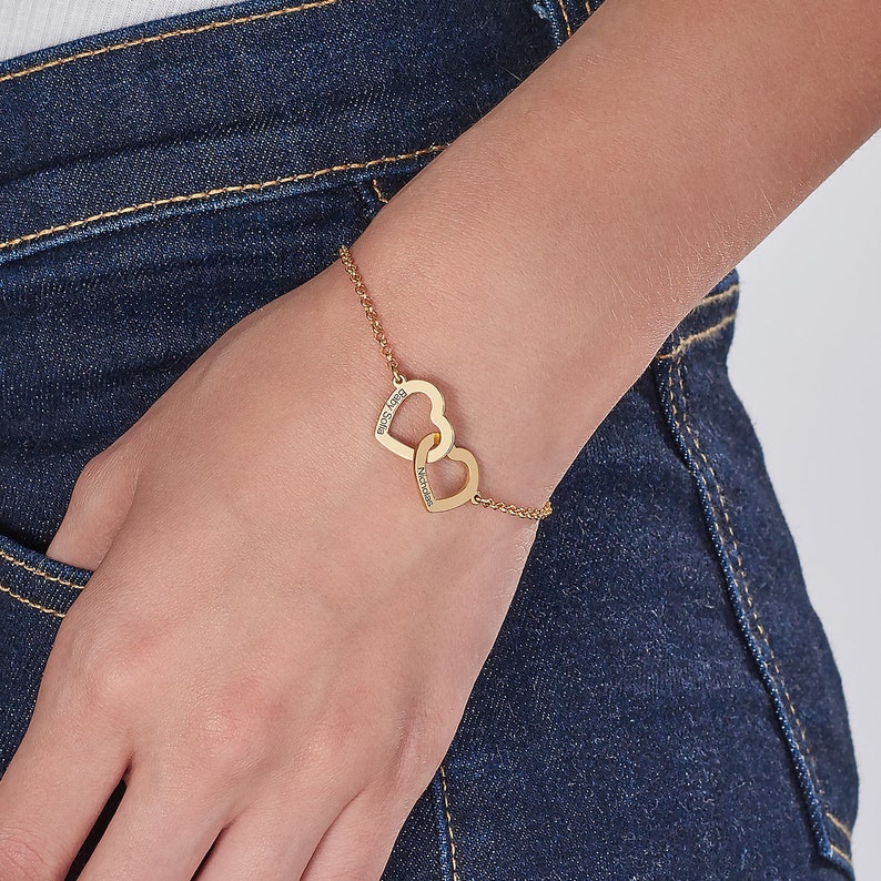 Custom Engraved Interlocking Adjustable Two Hearts Women's Bracelet
